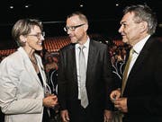 TKB-Kommunikationschefin Anita Schweizer, Bankchef Heinz Huber und Bankratspräsident René Bock. (Bild: Donato Caspari (Donato Caspari))