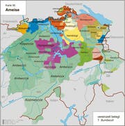 Überall heisst sie anders: die Ameise. Im Thurgau wird sie «Wurmbaasle» genannt.Karte: Kleiner Sprachatlas der deutschen Schweiz. (Bild: Karte: Kleiner Sprachatlas der deutschen Schweiz)