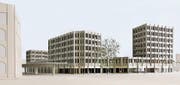 So wird sich die geplante Überbauung gemäss der von einer Fachjury bevorzugten Projektstudie von Sergison Bates Architekten, Zürich, vom Webschiffkreisel her präsentieren. Links ist andeutungsweise der Hamelmarkt zu erkennen, davor der Bushof. Ganz am rechten Bildrand sind die Konturen der Zentrumsüberbauung Rosengarten zu sehen. (Bild: PD)
