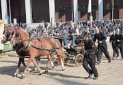 Der Gaiser Pferdezüchter Hansruedi Enz zieht mit seinem Pferdegespann eine Hochdruckpumpe aus dem 20. Jahrhundert.