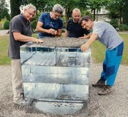 Die Bildhauer Hansjörg Hemmi, Cla Coray, David Pepe und Horst Bohnet mit ihrer Skulptur «Zyklus», einer Installation aus Materialien, die auf dem Friedhof zu finden sind. (Bild: Helio Hickl)