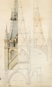 Restaurierungsplan Kathedrale von Lausanne (nach 1872), Stuhl nach altgriechischem Vorbild, Liftkabine aus Mailand (um 1890) und Stoffbahn aus Lyon. (Bild: ACV, V&A Museum London, MTMAD Lyon, Verkehrshaus Luzern)