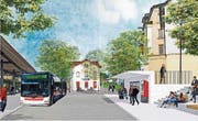 Projektierter Bushof auf der Südseite des Bahnhofs Goldach, zwischen dem ehemaligen Bahnhofsgebäude und dem Kreisel. (Bild: Visualisierung: PD)