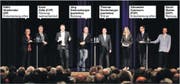 Beim TZ-Podium waren es noch sechs Kandidaten. Nur einer nimmt bis jetzt sicher am zweiten Wahlgang teil. (Bild: Donato Caspari/jbr)