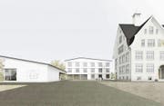 Blick von der Kefikerstrasse auf die künftige Isliker Schulanlage: Doppelkindergarten (links) und Schulgebäude (im Hintergrund) kommen neu dazu. Rechts das historische Schulhaus von Architekt Albert Rimli. (Bild: Jessenvollenweider/PD)
