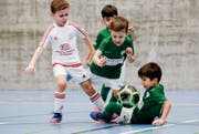 Der Kampfgeist der Kleinen ist gross. Junioren-Fussballer aus Märstetten spielen gegen die in grün spielenden Pfyner. (Bild: Donato Caspari)