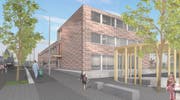 Visualisierung des geplanten Quartierschulhauses in der Ecke Grund-/Grünaustrasse. (Bild: pd)