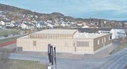 Eine Visualisierung: Sicht vom westlichen Hüttwiler Dorfeingang auf den Sporthallen-Neubau. (Bild: PD)