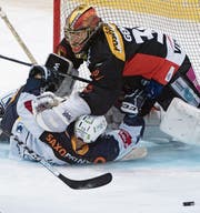 Bern-Goalie Leonardo Genoni ist für Zugs Dominic Lammer Endstation. (Bild: Marcel Bieri/Key (Bern, 3. 2. 2018))