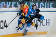 Der Zuger Johann Morant (rechts) checkt im Hinspiel Djurgarden-Angreifer Matthew Anderson gegen die Bande. (Bild: EQ/Marc Schumacher)