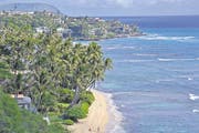 Traumhafter Blick über wogende Palmen, tiefblaues Meer und die herannahenden Wellen an der Diamond Head Beach im Ferienzentrum Waikiki. (Bild: Andreas Fässler)