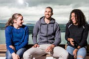 Die Schweizer Aushängeschilder bei Spitzenleichtathletik Luzern: Nicole Büchler, Kariem Hussein und Mujinga Kambundji (von links). (Bild: Keystone / Alexandra Wey)