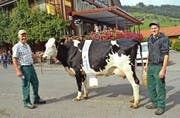 Die Champion-Kuh Larissa mit Besitzer Ruedi Abächerli (links) und seinem Sohn Daniel. Bild: Paul Küchler