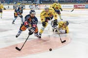 Zugs Fabian Schnyder (links) schiesst im vierten Playoff-Finalspiel gegen Bern mit Ramon Untersander (rechts) das Siegestor zum 3:2 und zum Ausgleich in der Serie. Bern wurde später dennoch Meister (Bild: Daniela Frutiger/Freshfocus (Zug, 13. April 2017))