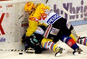 Berns Christian Dubé hat Zugs Damien Brunner fest im Griff. (Bild Keystone)