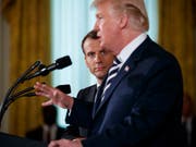 Frankreichs Staatschef Emmanuel Macron und US-Präsident Donald Trump bei einer gemeinsamen Pressekonferenz im Weissen Haus in Washington. (Bild: KEYSTONE/AP/EVAN VUCCI)
