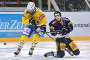 Dario Bürgler (rechts) wird vom Davoser Claude-Curdin Paschoud in die Knie gezwungen. Der Flügelstürmer agiert in dieser Saison bislang unglücklich. (Bild: EQ/Marc Schumacher)
