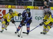 EVZs Patrick Fischer gegen Philipp Rytz (links) und Daniel Meier vom SC Bern. (Archibild Stefan Kaiser/Neue ZZ)
