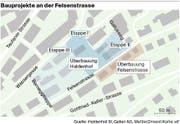 Die Grafik zeigt die Überbauungen Haldenhof (im Bau stehen Etappe I und II, Etappe III ist erst angedacht) und Felsenstrasse. (Bild: Infografik St.Galler Tagblatt)