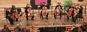 Die sieben Cellisten Charlotte Wieser, Samuel Niederhauser, Nadja Reich, Korbinian Bubenzer, Hyazintha Andrej, Silvan Sterki und Paul Handschke spielen in der katholischen Kirche Amriswil. (Bild: Barbara Hettich)
