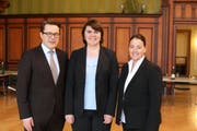 Benedikt Würth, Regierungsrat Kanton St.Gallen und Präsident der ORK; Antonia Fässler, Statthalter Kanton Appenzell Innerrhoden und neugewählte Präsidentin der ORK sowie Carmen Haag, Regierungspräsidentin des Kantons Thurgau. (Bild: PD)