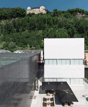 Ein geballtes Mass an Kultur: Oben das fürstliche Schloss oberhalb von Vaduz, unten das Kunstmuseum und in Weiss das neue Ausstellungsgebäude. (Bild: Gian Ehrenzeller/KEY)