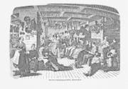 Reisegesellschaft für zwei Monate: Zwischendeck eines typischen Auswandererschiffes, Druckgrafik von 1849.