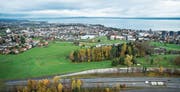 Autobahnanschluss über dem See: Der Zubringer läge zwischen Wäldchen und Goldacher Wohngebiet Hohrain (links) und führte quer durchs Gewerbegebiet in den Westen Rorschachs (rechts). (Bild: Ralph Ribi)