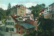 Mühleggbahn historisch 1: Die Talstation noch ohne die Gallus-Gedenkstätte daneben auf einer Ansichtskarte um 1908. (Bild: Sammlung Peter Uhler - 1908)