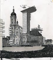 Zeugnis einer heftigen St.Galler Baudebatte: René Gilsis Karikatur «Gallus Oil» aus dem «Nebelspalter», Ausgabe 18.9.1963. (Bild: Staatsarchiv St.Gallen)