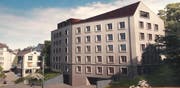 So soll gemäss der Bautafel das "Stadthaus" an der Wassergasse nach seiner Fertigstellung aussehen. Links das Häuschen des "Rümpeltums". (Bild: Reto Voneschen)