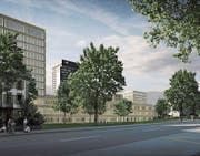 So wird das Kantonsspital St. Gallen in zehn Jahren aussehen. Das neue Bettenhochhaus 07A (am linken Bildrand) wird 2021 bezogen. (Bild: PD)