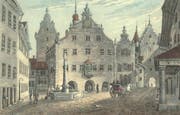 Das alte St.Galler Rathaus unten an der Marktgasse, wo heute das Vadian-Denkmal steht. Links hinten ist der Gefängnisturm zu erkennen. Rechts neben dem Rathaus führt das Ira-Tor ins Gebiet des heutigen Marktplatz/Bohl. Stich von Johann Baptist Isenring, 1831. (Bild: Stadtarchiv der Ortsbürgergemeinde SG)