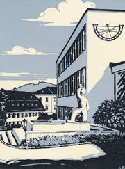 Der Linolschnitt zeigt den Campus der Kantonsschule Mitte der 1960er-Jahre. (Bild: Wikimedia)