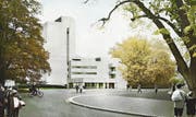 Die Visualisierung zeigt, wie die geplante Erweiterung rechts nahtlos in den Altbau übergeht. (Bild: PD)