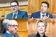 David Zuberbühler (SVP) und Andrea Caroni (FDP, beide oben) sind konfessionslos, Christian Lohr politisiert als Reformierter in der CVP, und Karin Keller-Sutter gehört zu den wenigen katholischen Freisinnigen. (Bild: Keystone)