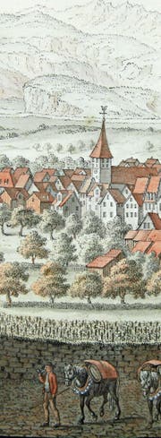 Insgesamt verliefen die Bauernaufstände und die Reformation in der Ostschweiz weniger gewaltsam als in anderen deutschsprachigen Gebieten: Sinnbildlich dafür stehen das Kreuz und der Hahn auf der Kirchturmspitze in Altstätten, wo sich Katholiken und Reformierte nach 1531 die Kirche teilten. (Bild: Museum Prestegg, Altstätten)