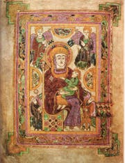Das Book of Kells enthält die vier Evangelien zusammen mit ganzseitigen Abbildungen von Christus, Maria mit Kind und den Evangelisten. Das Schriftbild ist aufwendig gestaltet und verziert. Insbesondere die Initialen wurden teilweise mit sehr feinen Mustern in leuchtenden Farben ausgeführt. (Bild: PD)