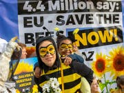 Freude bei Bienenfreunde in Brüssel: Die EU hat am Freitag ein Verbot von drei Insektiziden, so genannten Neonikotinoiden, beschlossen, die für Bienen als schädlich gelten. (Bild: KEYSTONE/AP Images for AVAAZ/OLIVIER MATTHYS)