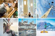Touristische Attraktionen: Stiftsbibliothek, Therme Bad Ragaz, Klangweg, Chäserrugg, Rapperswil, Bodensee (im Uhrzeigersinn). (Bild: Michel Canonica, Ralph Ribi, Dolores Rupa/Swiss-image, Benjamin Manser)