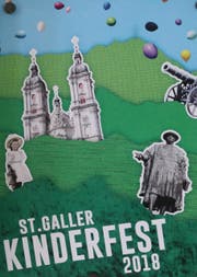 Die Stadt im grünen Ring mit Kathedrale, Vadian-Denkmal, Kinderfest-Mädchen und Kinderfestkanone.
