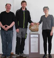 Andreas Vogel, Pascal Becker und Direktorin Christina Granwehr (von links) mit dem Integrationspreis 2018, der am Mittwoch dem Alterszentrum Schäflisberg übergeben wurde. (Bild: Matthias Fässler)