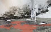 Lorenza Diaz malte ihre düstere Landschaft direkt auf die Wände des Sheds in Frauenfeld. Im Vordergrund die Audioinstallation von Susanne Hefti. (Bild: Caroline Minjolle)