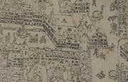 Das alte Rathaus unten an der Marktgasse (A) auf dem Frank-Plan von 1596. Mit M gekennzeichnet ist das Ira-Tor, mit G die Metzg auf dem heutigen Marktplatz. (Bild: StadtASG OBG)