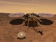 Das Seismometer (vorne) soll Marsbeben registrieren. Aus den Daten werden die Forschenden auf die innere Struktur des Roten Planeten schliessen. (Künstlerische Darstellung) (Bild: Nasa)