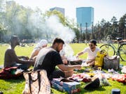 Grillieren und das sommerliche Wetter geniessen: Geselligkeit auf der Josefswiese in Zürich an einem Apriltag 2018. (Bild: KEYSTONE/ENNIO LEANZA)