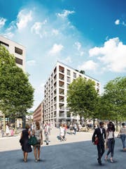 So stellen sich die Planer den Bahnhofsplatz im neuen Mattenhof-Quartier vor. (Bild: Visualisierung: PD)