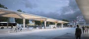 Zentraler Punkt auf dem offenen Platz wird der Busbahnhof mit elegantem Dach und verzahnten Haltekanten für die Busse. (Bild: Visualisierung: Dome Visual)