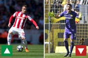 Beim Form-Check aufgefallen: Xherdan Shaqiri von Stoke City. Hingegen abgefallen: Roman Bürki von Borussia Dortmund. (Bilder: Keystone)