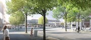 Die Allee wird östlich erweitert, vor den Geschäften gibt es mehr Platz, Velos erhalten zwei Spuren. (Bild: Visualisierung: Dome Visual)
